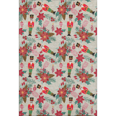 Premium Machine Washable Dockside AMF1822 Nutcracker and Poinsettia Rug