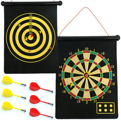 Magnetic Dart Board - Hanging Reversible Convenient Roll-Up Storage Dartboard and Bullseye Game with 6 Plastic Darts by Trademark Games (Black/Yellow)