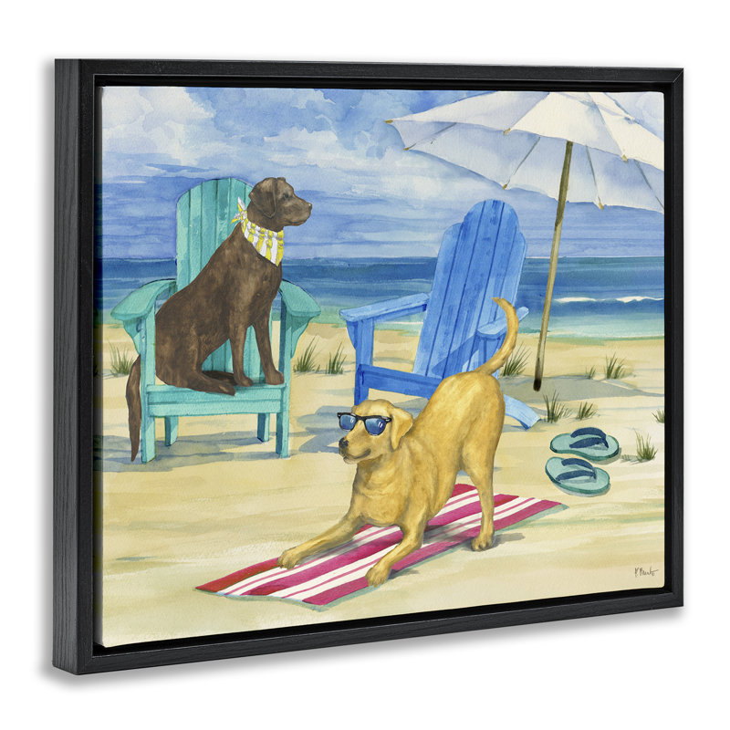 «Dogs on Beach» par Paul Brent, Cadre flottant noir de jais, H 17 po x l 21 po