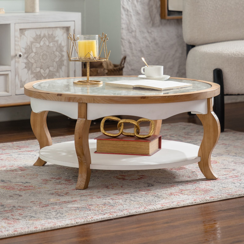 Avoine ronde en bois avec plateau en verre et tablette ouverte