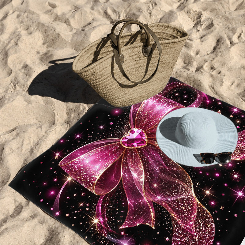 1Pcs arc rose étincelant avec serviette de plage Gem, avec des rubans scintillants et des étoiles sur un fond noir, absorbant la microfibre, idéal pour la natation, les voyages, la salle de sport, unisexe