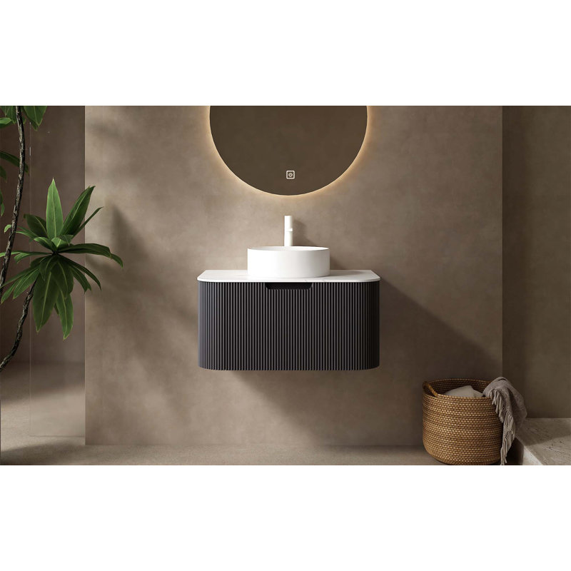 Bathroom Vanity With Sink, Modern Wall-Mounted Floating Curved Edges Striped Bathroom Storage Cabinet With A Drawer Round Ceramic Basin Without Faucet, Pre-Assembled