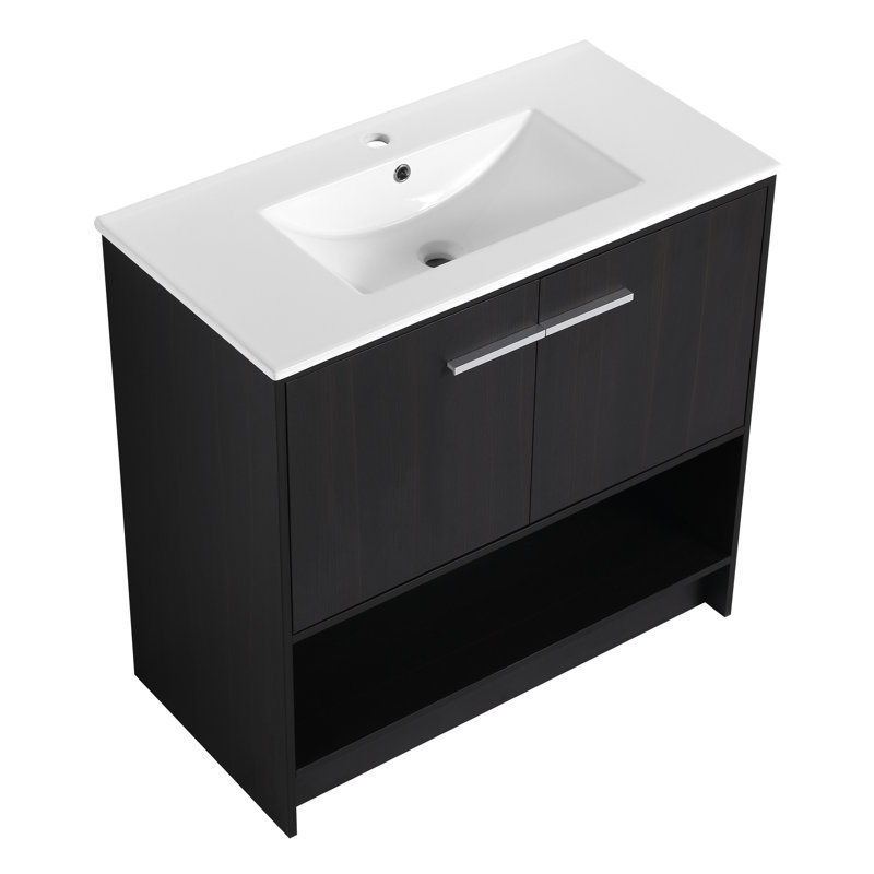 Meuble-lavabo 36 po avec lavabo en céramique et armoire en contreplaqué, 2 portes, autoportant, facile à assembler dans un évier en chêne noir, armoires de base, teinte foncée à fermeture douce