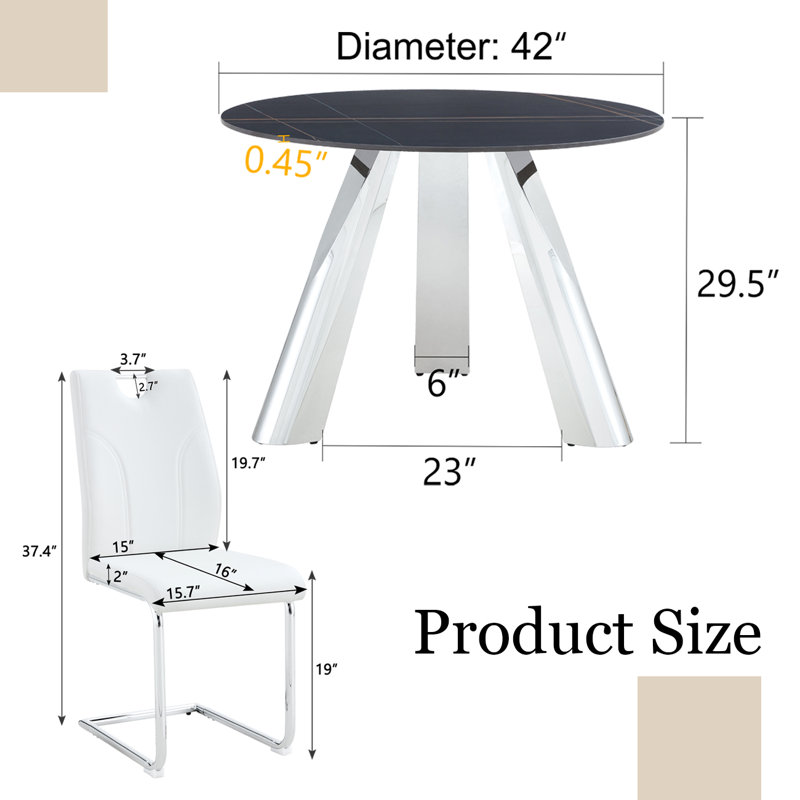  Table de salle à manger ronde avec 4 chaises blanches, pieds en acier inoxydable et plateau en pierre frittée noire, Noir