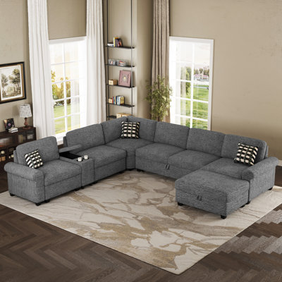 Upholstered Chenille L-Shaped Oversized Modular Sectional Sofa With Recessed Storage Armrests