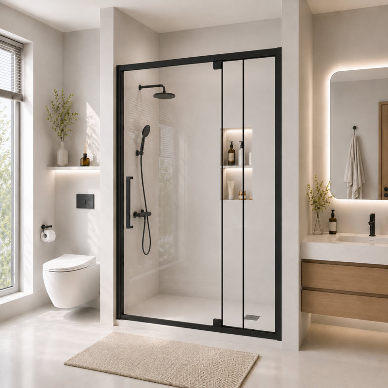Porte de douche à charnière pivotante semi-sans cadre en verre noir mat