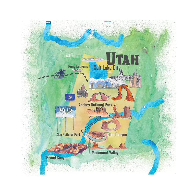 USA, Utah Illustrated Travel Poster by Markus & Martina Bleichner - Wrapped Canvas Print, 30.48 cm H x 30.48 cm W