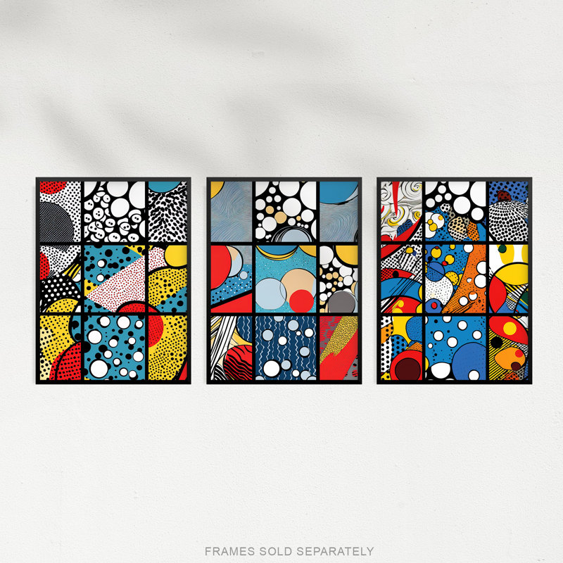 Abstract Pop Art Vibrant Artwork Bubbles Lines and Patterns 3 Piece Wall Art, 29.7cm H x 21cm W x 0.4cm D