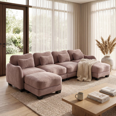 Oversized 4-Seat Curved Chenille Sectional Sofa with 2 Movable Ottomans and Lumbar Pillows,Rose Dust