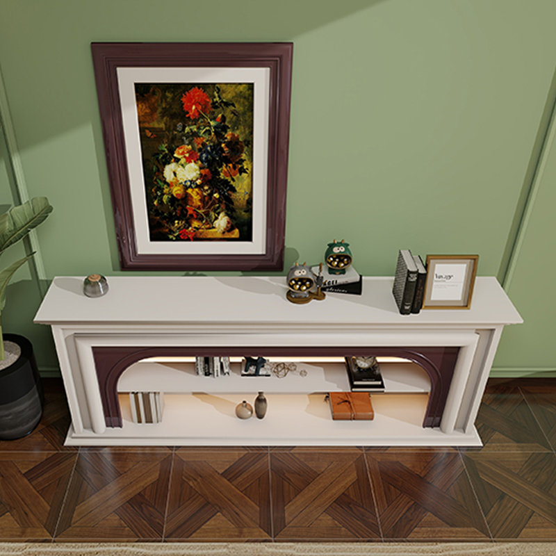 Beige Wood TV Cabinet Fireplace, 29.53" H x 94.49" W x 29.53" D