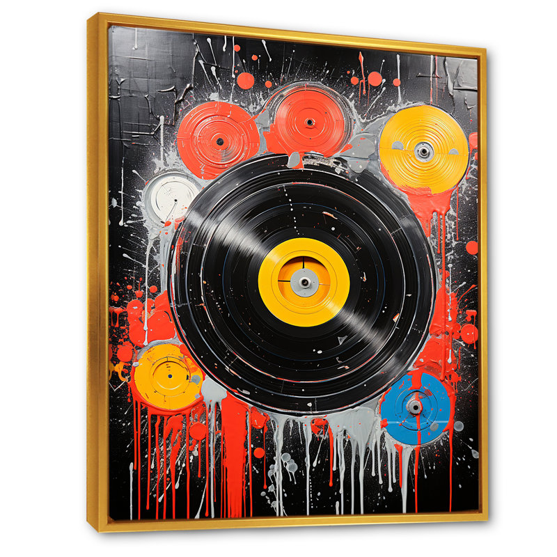 Art mural rétro noir et jaune, Cadre flottant doré, H 32 po x l 24 po x P 1 po