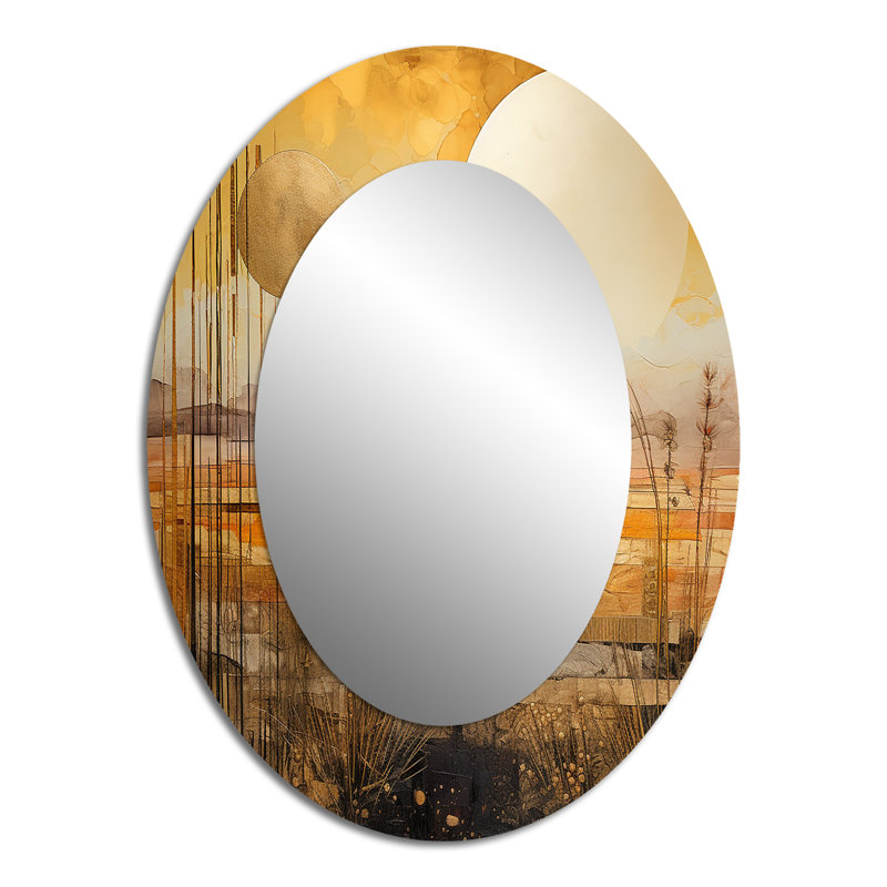 Golden Sunset Cottage Countryside Landscape II - Large Oval Wall Mirror On Metal, 40" x 30"