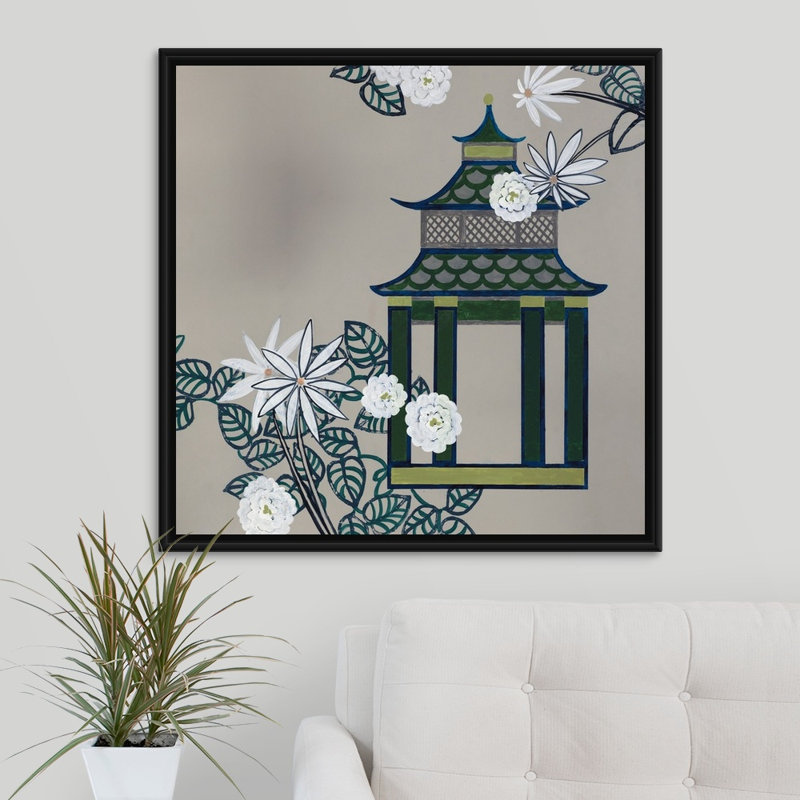 « pagode i », peinture sur toile, H 31,7 po x l 31,7 po x p 1,75 po, Cadre flottant noir