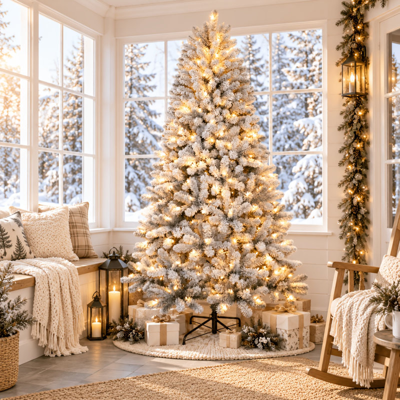 4.5/5.5/6.5/7/7.5/8/9 FT Prelit Snow Flocked Artificial Christmas Tree with Incandescent Warm White Lights, Sturdy Metal Hinges & Collapsible Base, Easy Assembly, Snow Flocked Full Prelighted Xmas Tree W Branch Tips, White