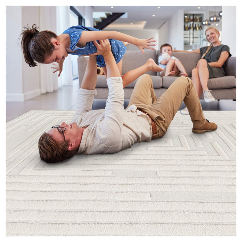 Step Collection High-Low Striped Cream Area Rug - Modern Geometric Living Room Carpet, Runner 2'2" x 8'