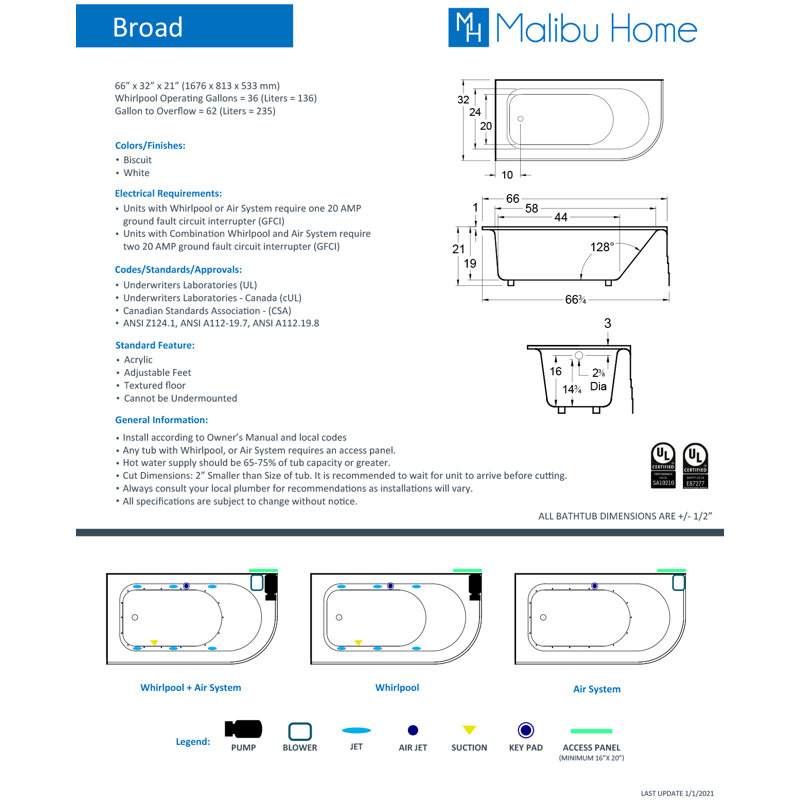Broad 60" x 32" Alcove Soaking Acrylic Bathtub, White