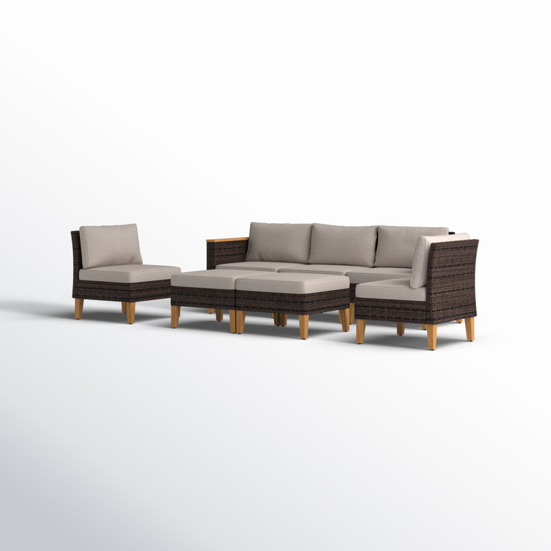 Shutesbury 7-Piece Wicker Outdoor Patio Furniture Set, Sectional Patio Set with Fire Pit Table, No, Beige