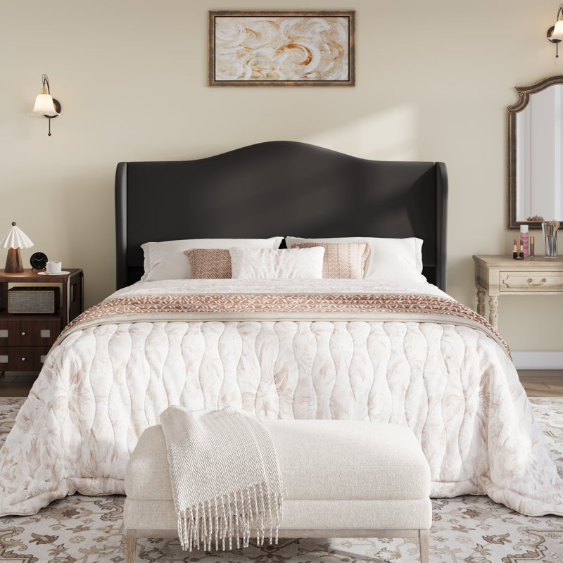 Velvet Crown Wingback Upholstered Bed With Headboard, Full/Queen/King,No Box Spring Needed, Black, Full