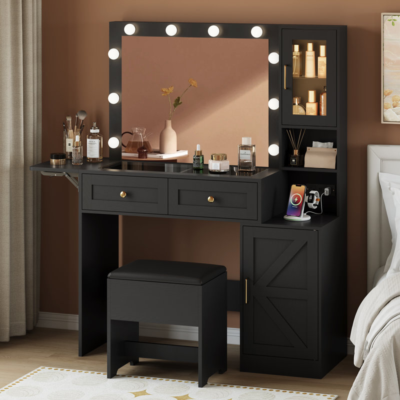 Vanity Desk with 3 Lighting Modes, RGB Ambient Light & Power Outlets, Small White Makeup Table Set with Storage Drawers, Chair and Mirror