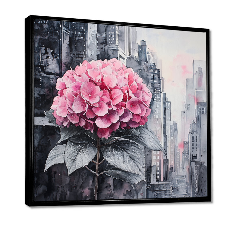 «Hortensias monochromes dans la ville», art mural hortensias, Impression encadrée flottante, Noir, noir, noir, noir
