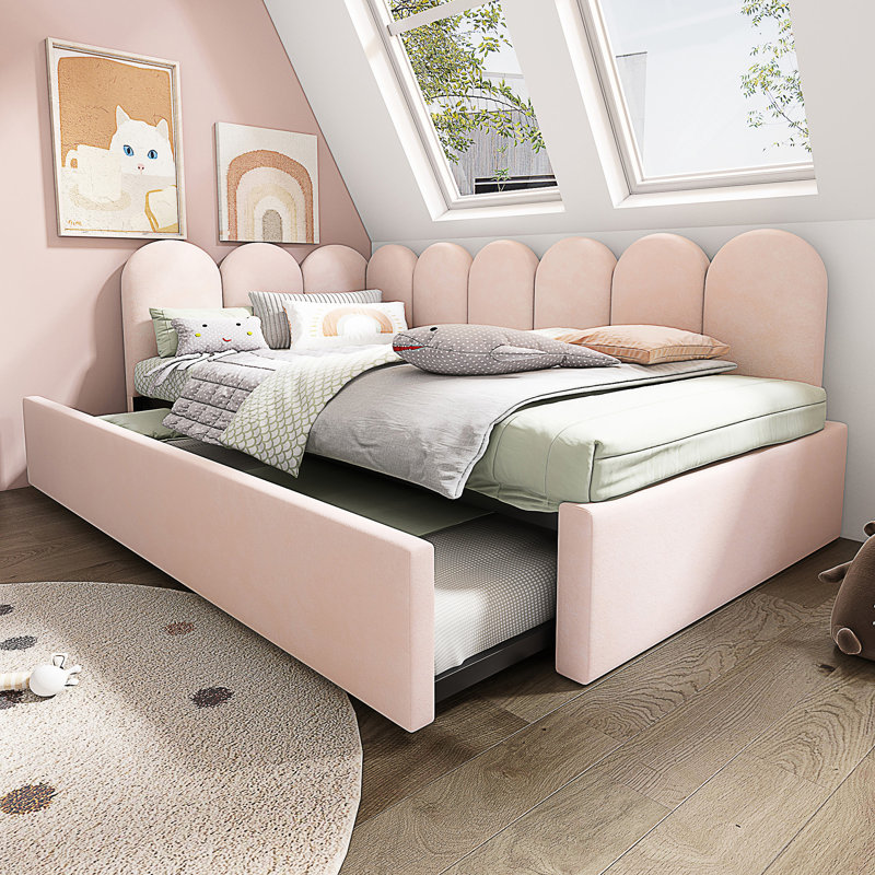 Upholstered Bed Daybed With Pull-Out Bed, Twin Size Single Sofa Bed, Pink