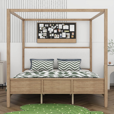 Modern Upholstered Canopy Bed, Sturdy Wood Slat Support, No Box Spring Needed