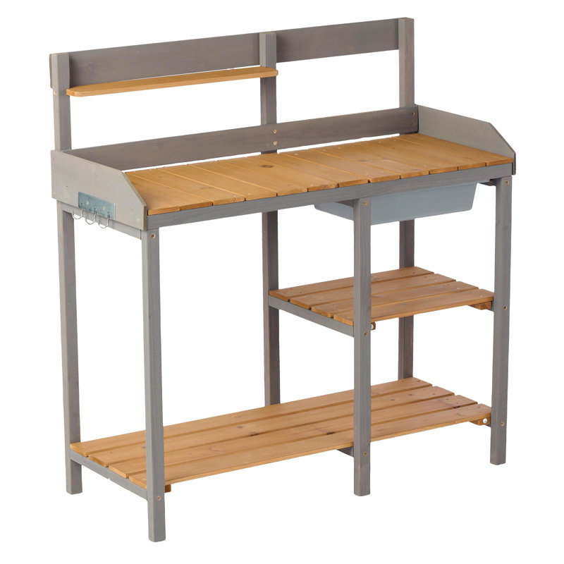 Table de rempotage d'extérieur en bois avec évier, banc de travail de table de jardin avec tablette, poste de travail pour pelouse extérieure