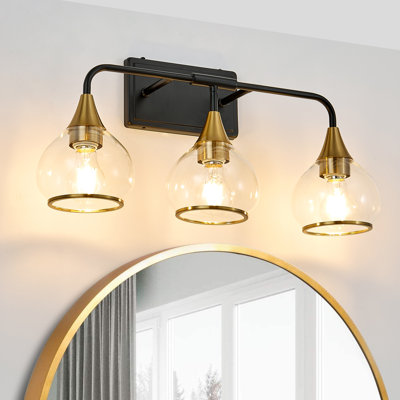 3-Light Black & Gold Bathroom Vanity Light Fixture, Clear Glass Shades For Vanity,Bathroom ,Mirror, Living Room, Hallway