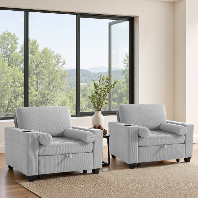 Convertible Light Gray Corduroy Tufted Sofa Bed Chair 3-In-1 Pull Out Multi-Functional Sleeper Single Chair Bed With 2 Soft Pillows, USB Outlet and  Cup Holder