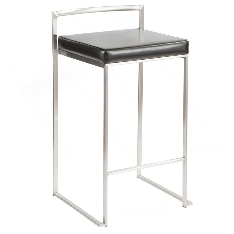Fuji 26" Contemporary Stackable Counter Stool In Brushed Stainless Steel With Black Faux Leather By Lumisource - Set Of 3