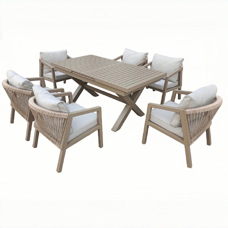 Aluminum Garden Furniture Set Natural, Expandable Dining Table and 6 Seat