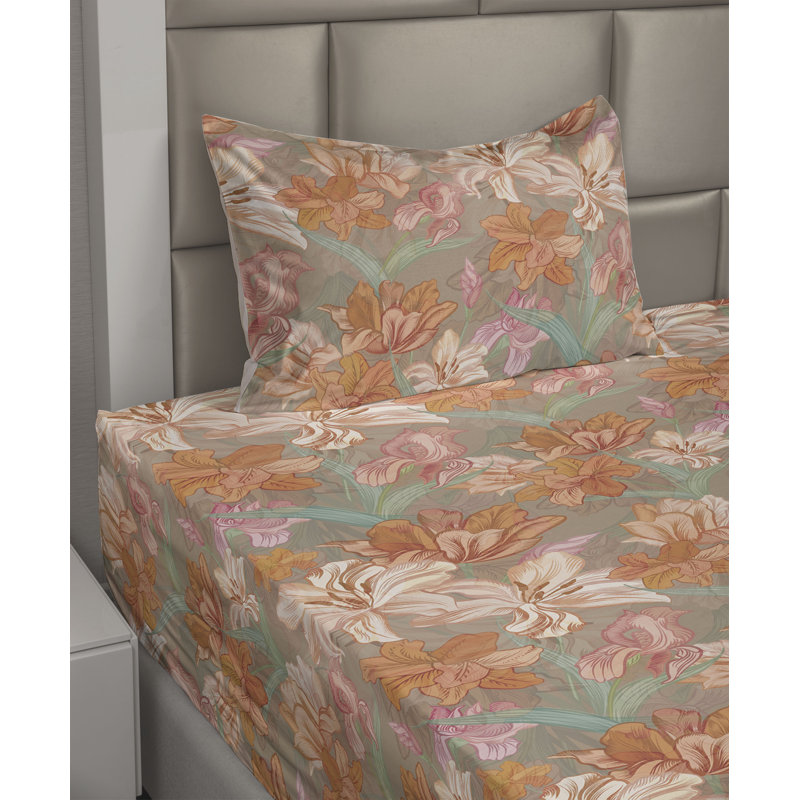 Ambesonne Watercolor Botany Sheet Set 4 Pcs Retro Boho Bloom, Apricot Pale Peach Blush Floral