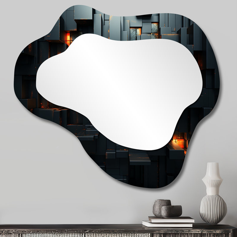 Dimensions du cube 3D en brique noire 3D - Art abstrait en métal - Miroir mural moderne et irrégulier, 25 po x 28 po