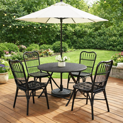 Ensemble de salle à manger d'extérieur en osier 5 pièces, table ronde en rotin et chaises pour 4 pour patio, terrasse, jardin, porche, brun et noir