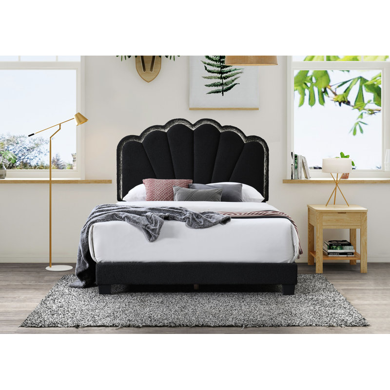 Fabric LED Light HB Platform Bed W/ LED Light & Chunky Leg (Fully Slated), Black, King