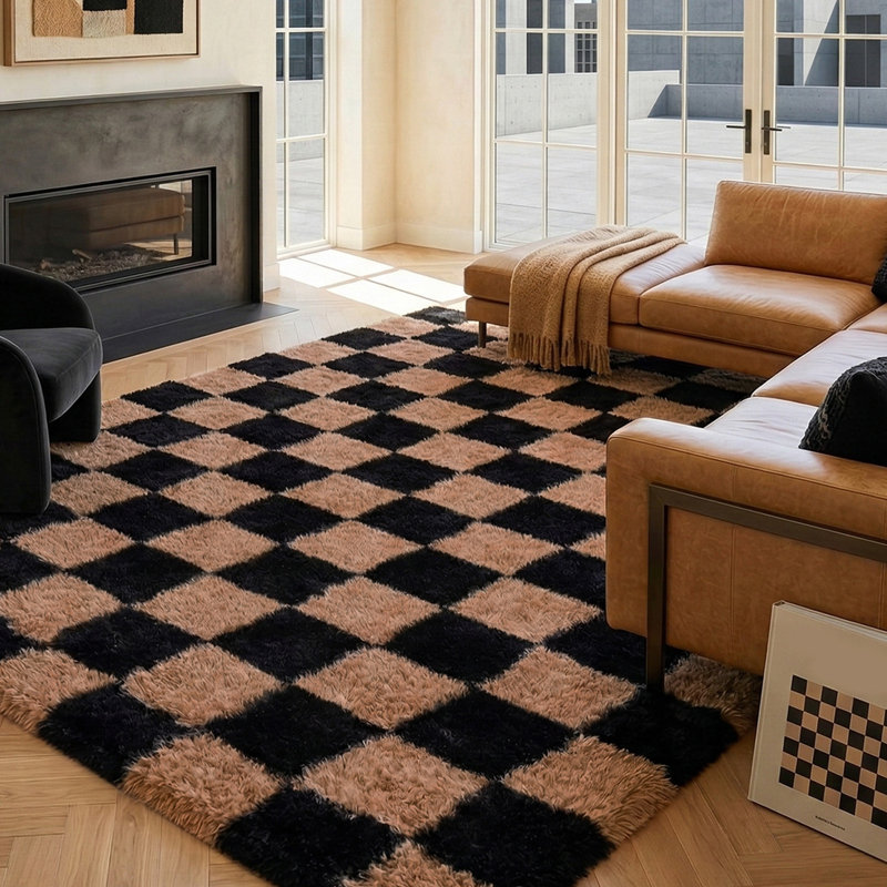 Plush Checkered Shag Area Rug - Soft Fluffy Black & Brown Grid Fleece Carpet for Living Room, Bedroom, Dry-Clean Only, High-Pile Shaggy Rug with Modern Checkerboard Pattern, Cozy Non-Slip Floor Decor for Contemporary Home Spaces
