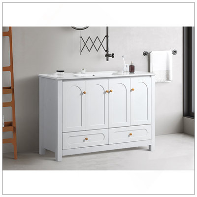 Meuble-lavabo polyvalent blanc 48 po avec lavabo en céramique, armoire de rangement abondante, 4 portes à fermeture douce et 2 tiroirs