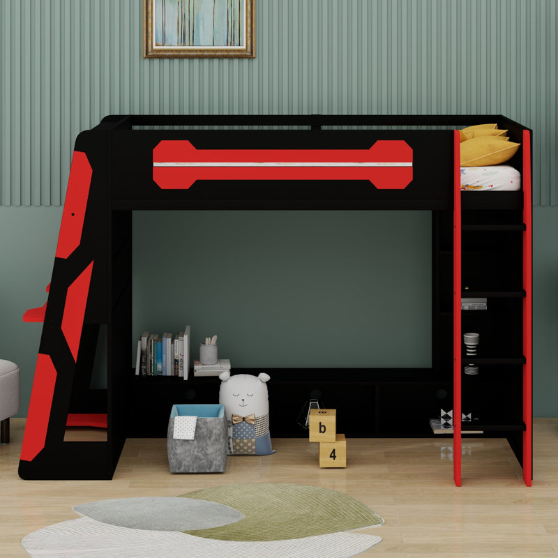 Loft Bed With Desk, Multi Storage Shelves, Red