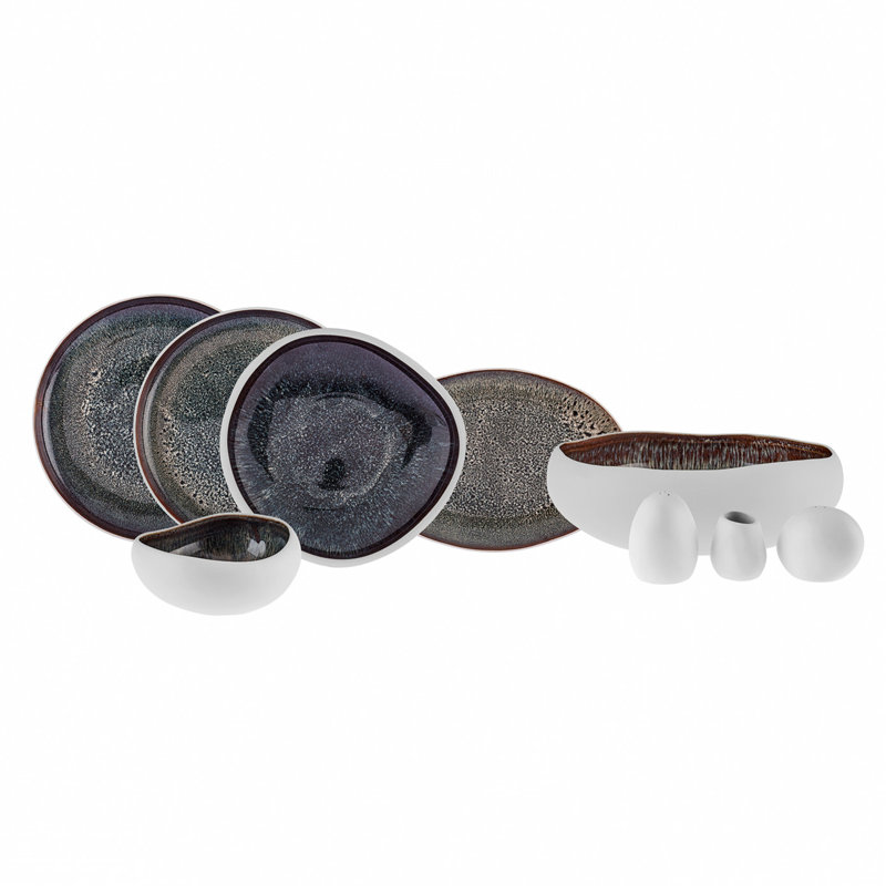 Karaca Streamline New Galactic 59-Piece Reactive Glaze Dinner Set for 12 People, White