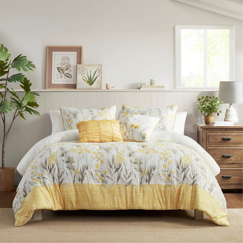 Ensemble d'édredon pour lit double / grand 5 pièces avec coussins décoratifs, jaune, hypoallergénique et lavable à la machine