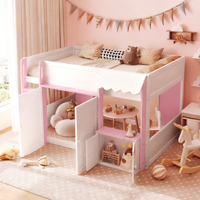 Full Loft House Bed with Playhouse & Storage, Modern Wood Cabin Bed for Kids/Teens, White+Pink