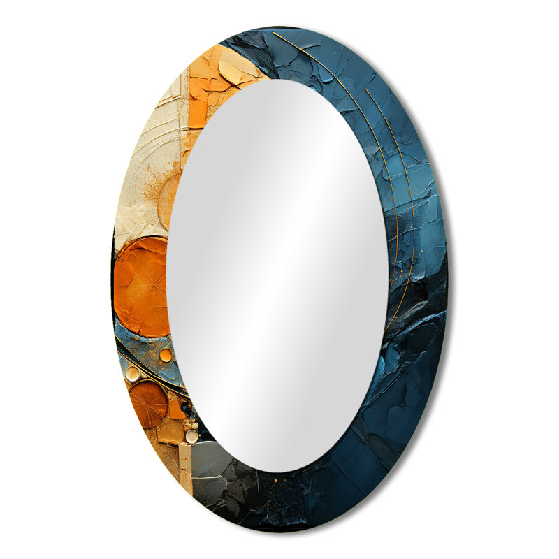 Gold Teal Abstract Spirals I - Miroir mural moderne ovale, 36 po x 24 po