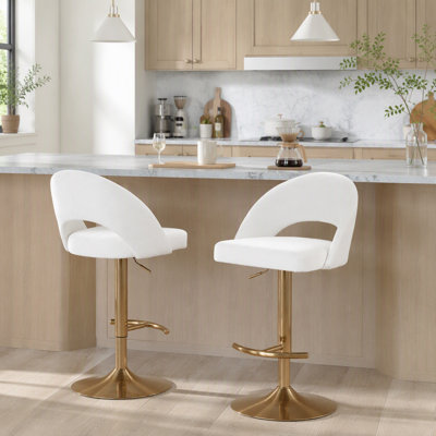 Tabouret de bar réglable pivotant en métal doré et tissu crème avec repose-pieds rond en T - ensemble de 2