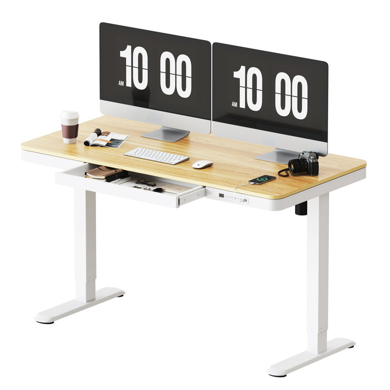 Bureau debout à hauteur réglable de 48 po / 55 po avec tiroir Home Office, Érable / Blanc, H 46,5 po x l 55 po x P 28 po