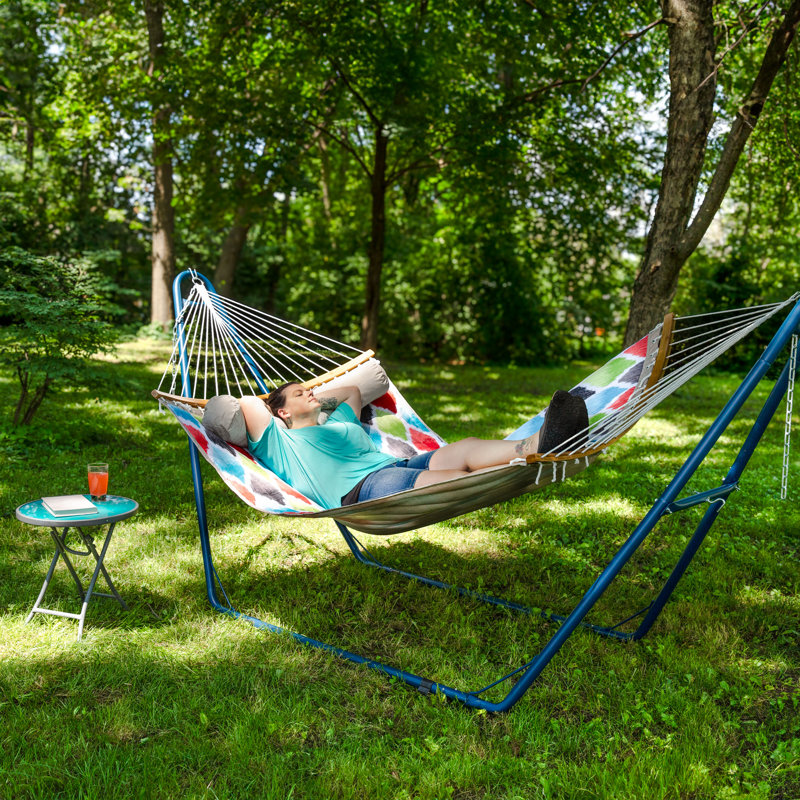 Hamac à barre courbé en polyester matelassé pour 2 personnes Lydd - rouge / vert / bleu, Rouge/vert/bleu