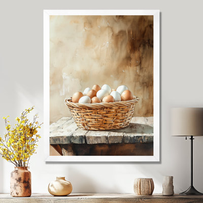 Nature morte : panier d'œufs frais blanc et brun - Tableau encadré représentant une grange, une ferme ou un ranch