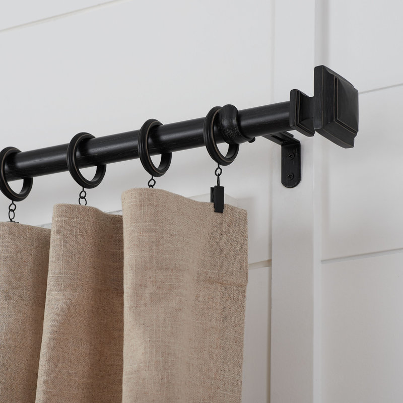 Black Steel Adjustable Curtain Rod with Square Finials, 36"-72"