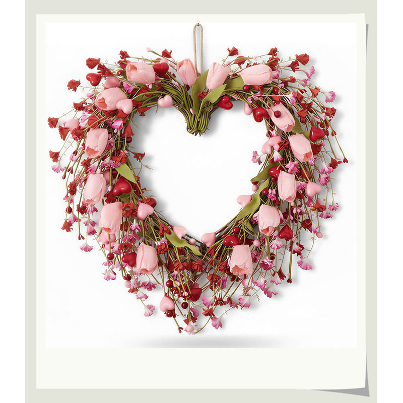 Couronne de cœur Hikma avec des tulipes en soie, des baies rouges et roses, une décoration intérieure exquise et un cadeau romantique pour les amoureux