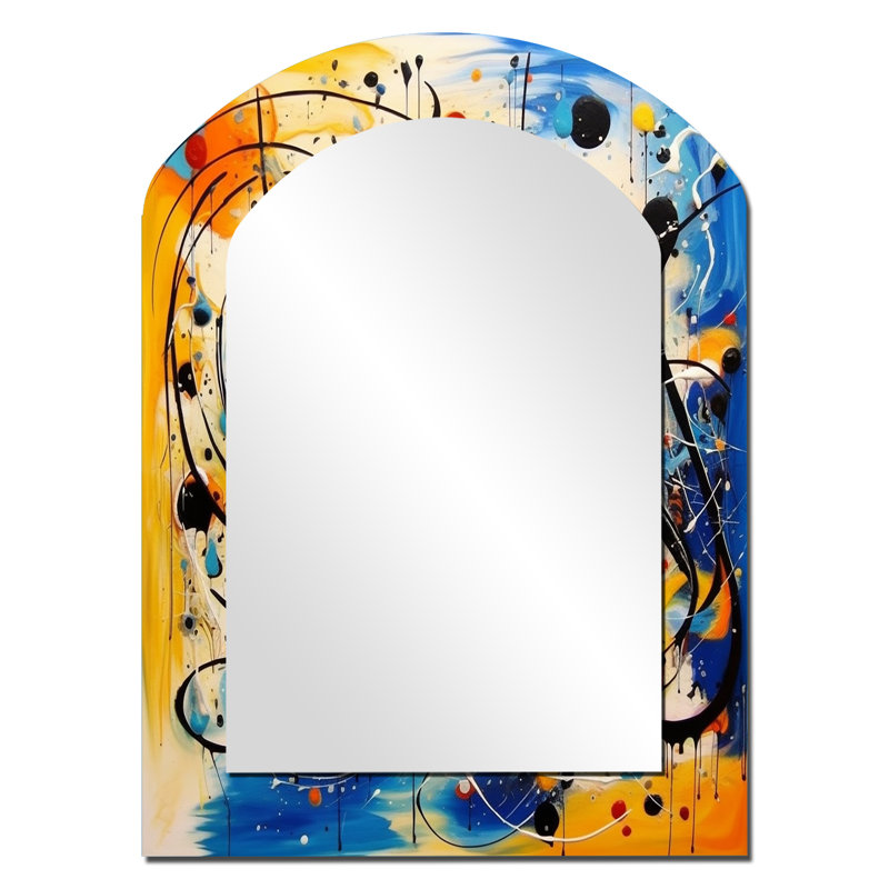 «All That Jazz Colorful Joy IV», miroir décoratif en arc à collages abstraits, miroir mural asymétrique moderne, impression sur métal