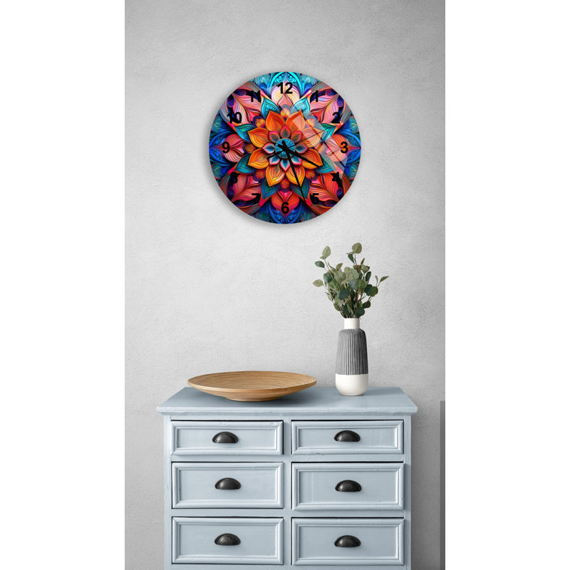 Horloge murale vibrante en verre trempé, Noir, Floral Mandala